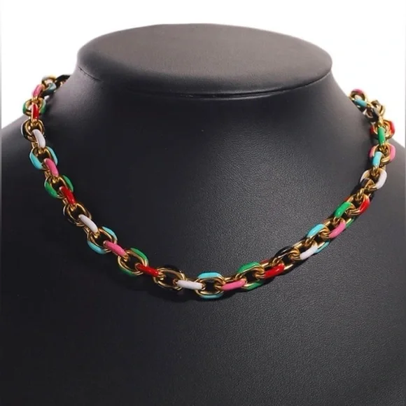 LAST ONE New Rainbow Color Block Chain Choker Necklace ~ Stainless Steel Enamel - Picture 1 of 16